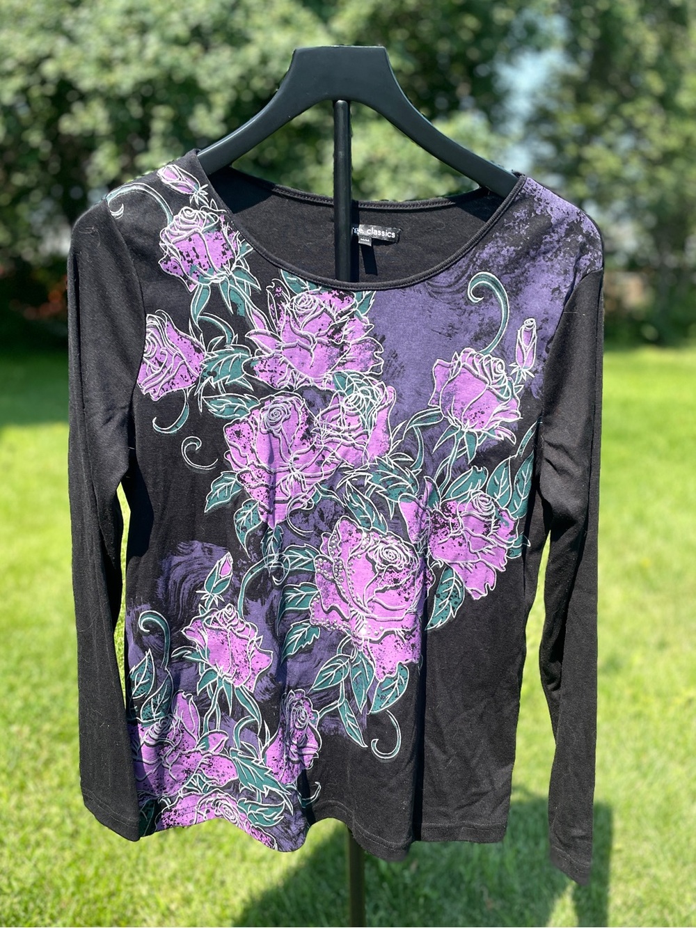 Black Floral Studded Top Y2K Stretch Long Sleeve Size Medium